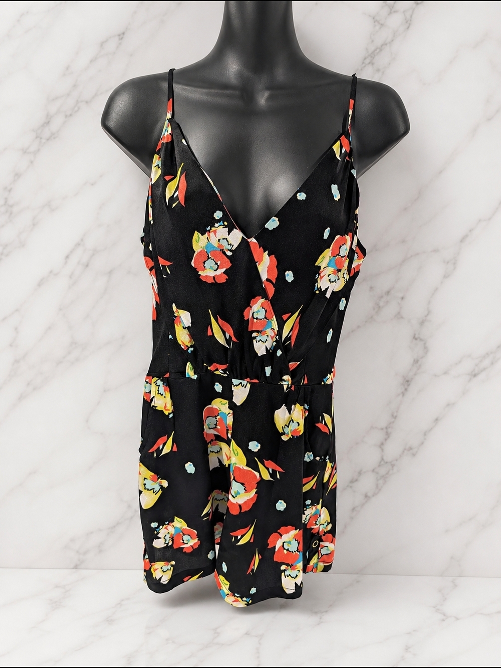 Yumi Kim Black Floral Romper XS Wrap V-Neck Spaghetti Strap Boho Playsuit